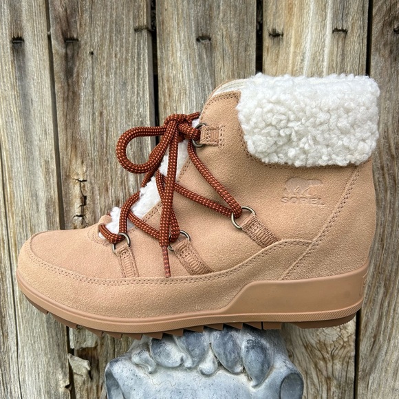 NWT Sorel Evie Wedge Boot Suede Tawny Buff Wood Tan
